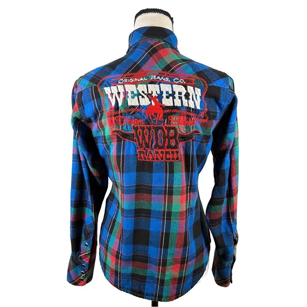 Western Denim Bank Plaid Snap Button Western Shirt | Embroidered WDB Ranch